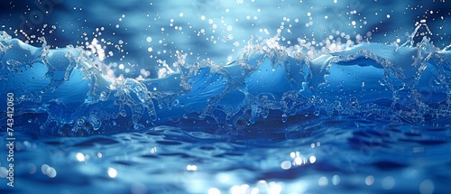 Blue water splashes falling on a liquid wave on an abstract background