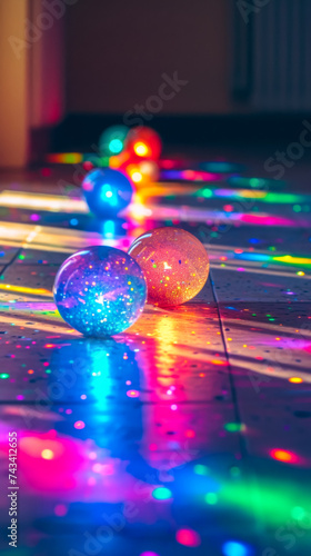 close-up image showcasing a creative and minimal indoor space. The scene includes playful interactions with colorful lights. These lights cast vibrant, multicolored hues across the simple, elegant roo