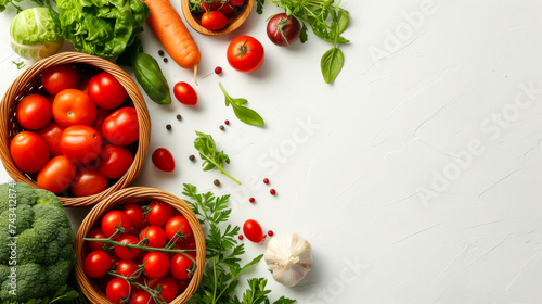 free space on the left corner for title banner with a basket of vegetables on white background
