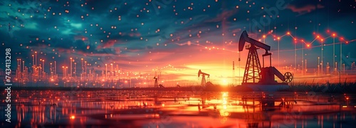 Oil pumps with rising financial graphs at sunrise