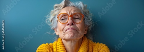 An elderly woman with grey hair experiences excruciating toothache aches during her workday. photo
