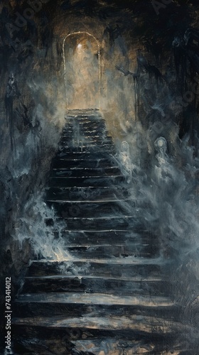 A long staircase in darkness  at the top of which there is a lighted door
