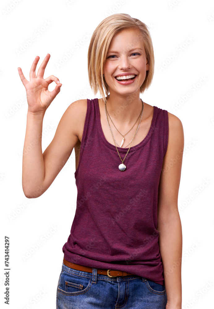 Happy woman, portrait and good job with ok emoji for well done or perfection on a white studio background. Female person, blonde or model with smile, like or yes sign for spot on, correct or precise Happy woman, portrait and good job with ok emoji for well done or perfection on a white studio background. Female person, blonde or model with smile, like or yes sign for spot on, correct or precise