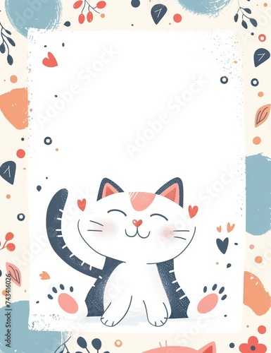 Children scrapbook with page  white blank space in the middle  cute cat drawings and paw prints on the border  cute design.