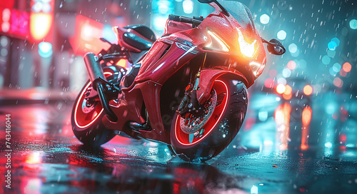 Red sports motorcycle parked on a wet city street at night with vibrant neon lights reflecting on the pavement.