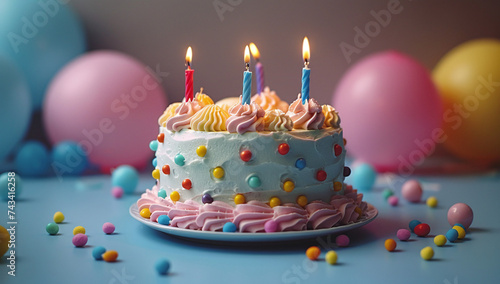 Colorful birthday cake with lit candles  surrounded by candies and balloons on a blue background.
