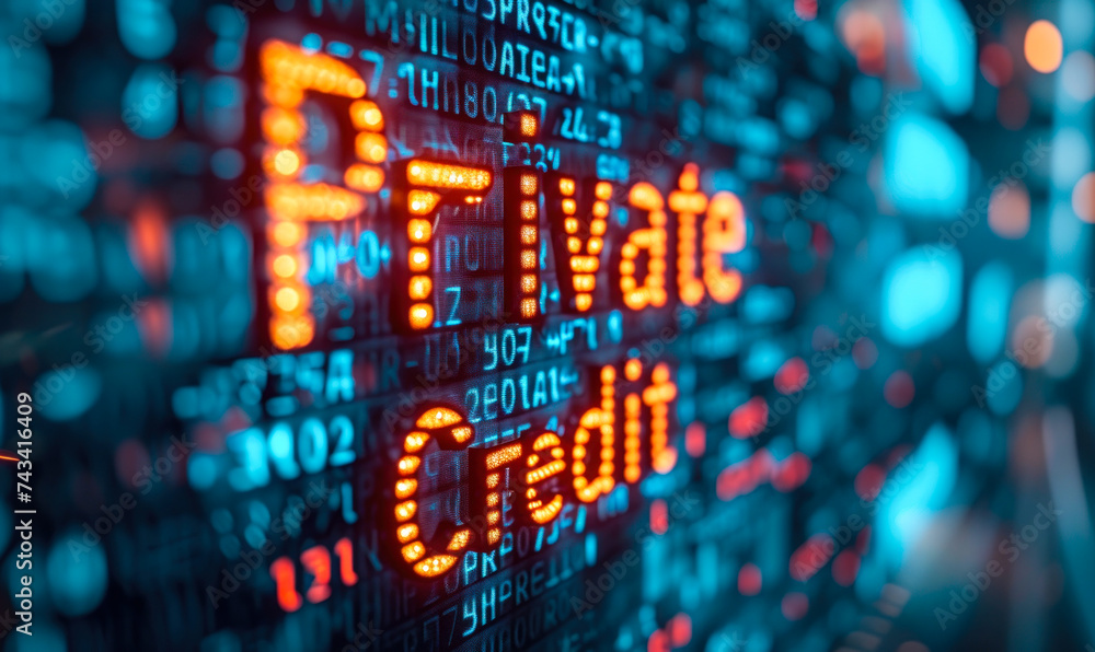 Dynamic business stock market display showcasing Private Credit in bright neon lights, reflecting financial data, investment trends, and private lending industry Dynamic business stock market display showcasing Private Credit in bright neon lights, reflecting financial data, investment trends, and private lending industry