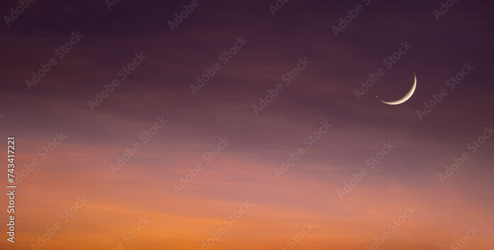 Background of half moon and starry sky and sunset Greeting card for the holy month of Ramadan of islam Background of half moon and starry sky and sunset Greeting card for the holy month of Ramadan of islam