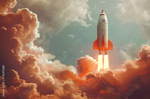 Space rocket launch against a dramatic sky with vibrant clouds, symbolizing exploration, innovation, and adventure.