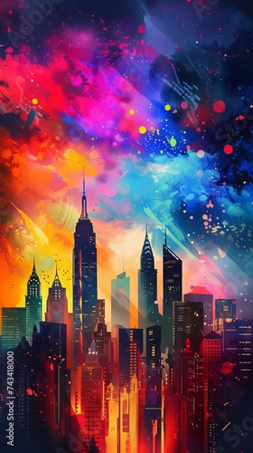 City painting with tall buildings and colorful sky