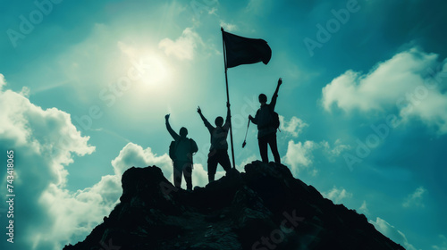 silhouette of a team of three hikers raising arms in victory after successfully planting a flag on mountain peak