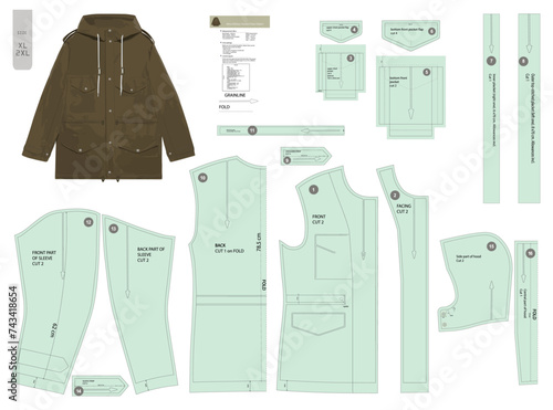 Men vector fashion sewing pattern for a military-style parka. Includes all allowances, featuring upper, lower flap pockets, shoulder straps, placket, hood. M65-inspired. Sizes XL - 2XL. photo
