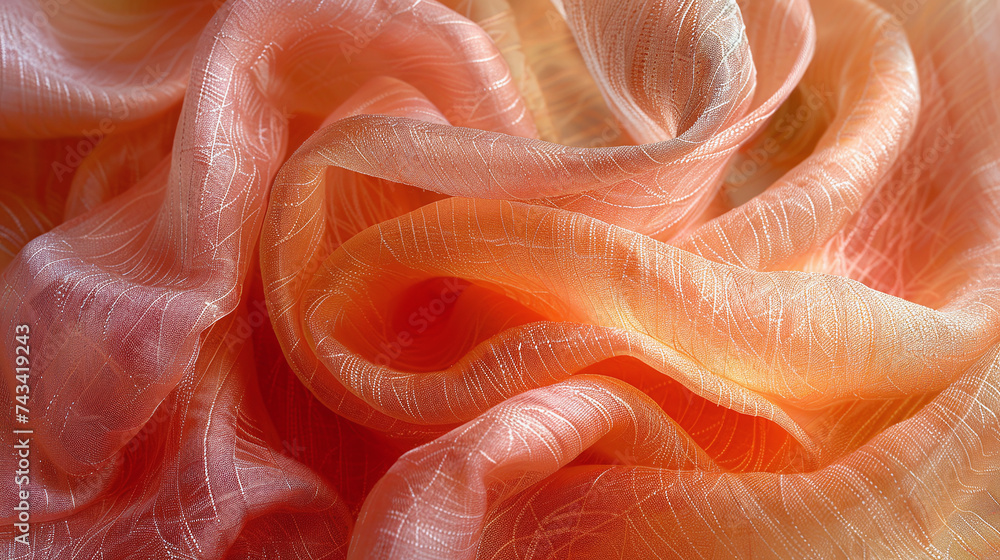 Elegant peach-colored fabric with delicate folds and soft texture, ideal for backgrounds or fashion design. Elegant peach-colored fabric with delicate folds and soft texture, ideal for backgrounds or fashion design.