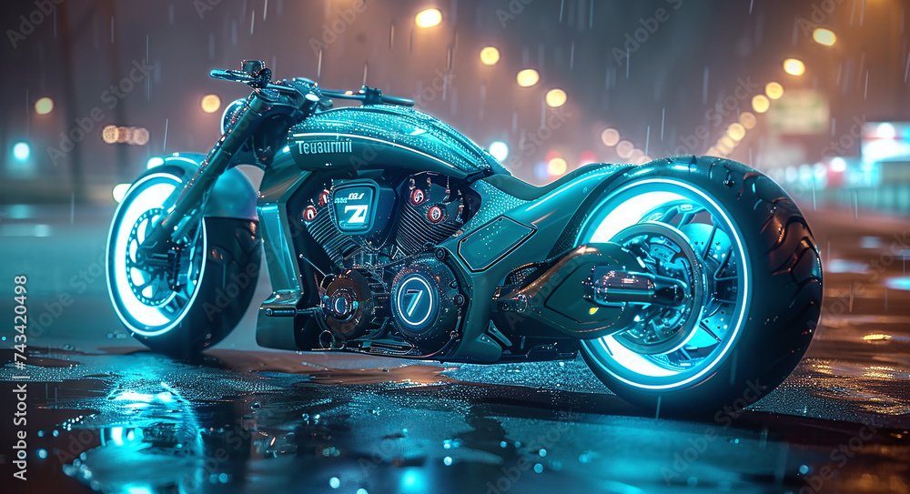 Custom motorcycle parked on a wet city street at night, illuminated by neon lights and reflecting on the pavement.
