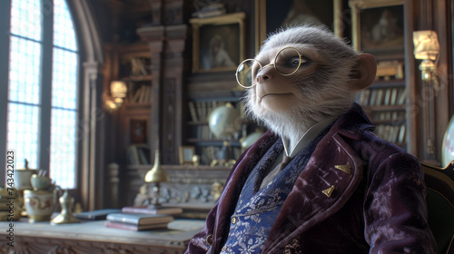 Suave sloth in a velvet smoking jacket, wearing a monocle, against a Victorian library backdrop, lit with antique lamps, exuding refined leisure and elegance