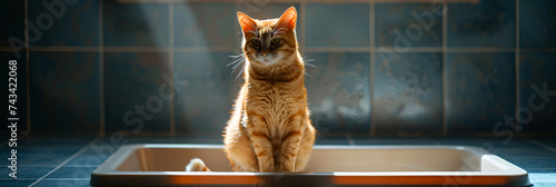 A broun cat sitting on the human shower, photo