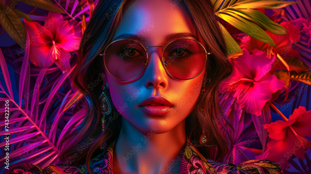 Chic chameleon in a color-blocked dress, wearing oversized sunglasses, against a tropical paradise backdrop, lit with vibrant hues, exuding playful sophistication and charm