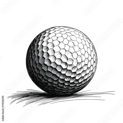 Golf ball ink sketch drawing, black and white, engraving style vector illustration