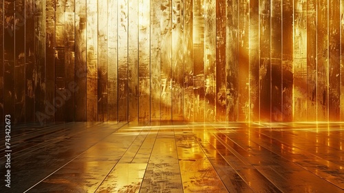 Wall made of Gold plated rectangular wooden planks standing upright.