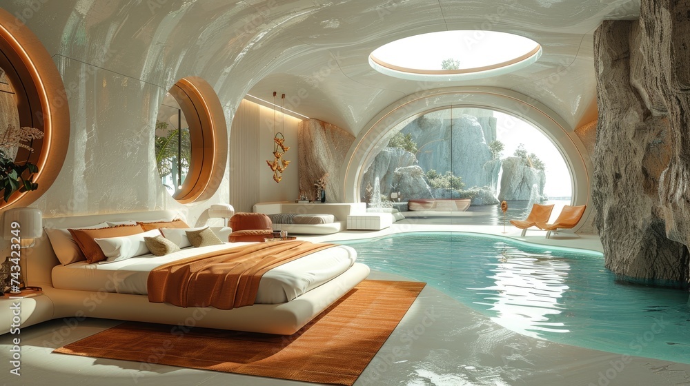 A futuristic hotel resort bedroom with beautiful architecture and interior design