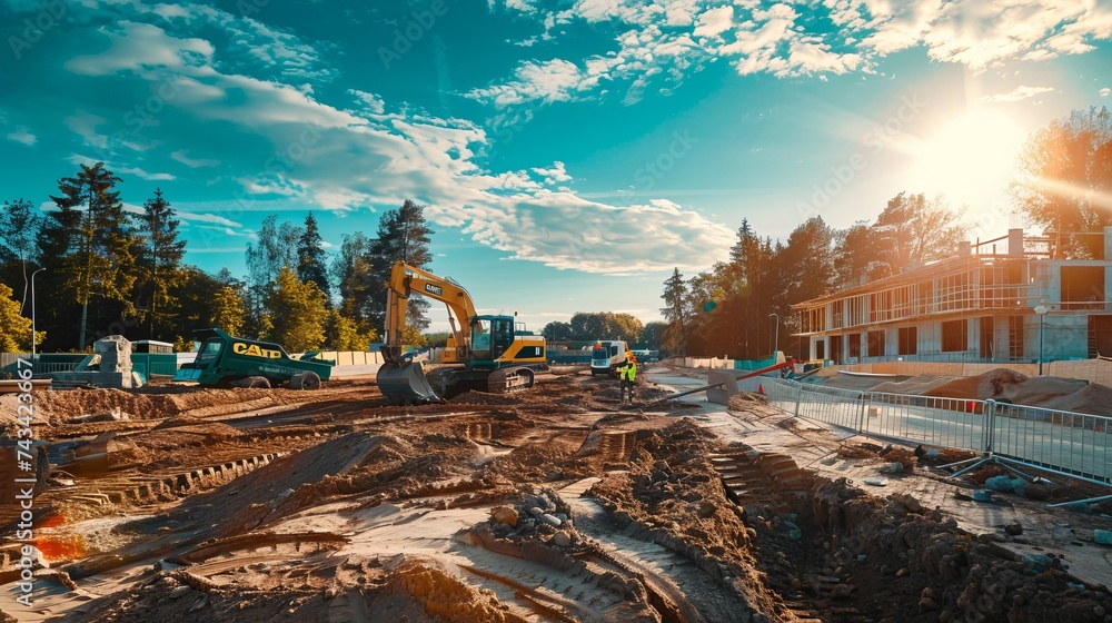 Construction site with workers operating heavy machinery, such as excavators and bulldozers, to clear the land and prepare the foundation for a new building - obrazy, fototapety, plakaty 