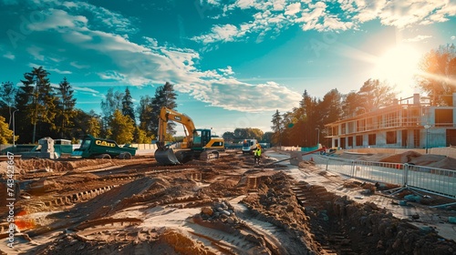 Construction site with workers operating heavy machinery, such as excavators and bulldozers, to clear the land and prepare the foundation for a new building
