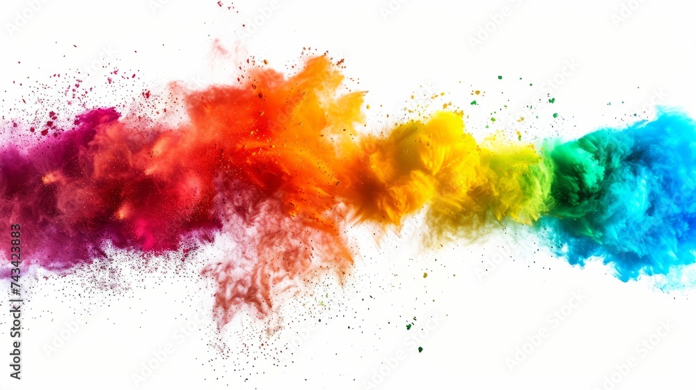 Colourful rainbow holi paint color powder explosion wide panorama isolated on white background