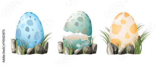 Set of dinosaur dragon eggs with spotted patterns. Egg shells and whole eggs in nest and grass. Dino eggs in cartoon style.