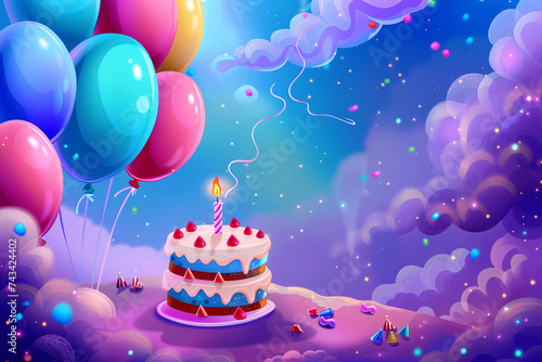  birthday party balloons, colourful balloons background and birthday cake with candles