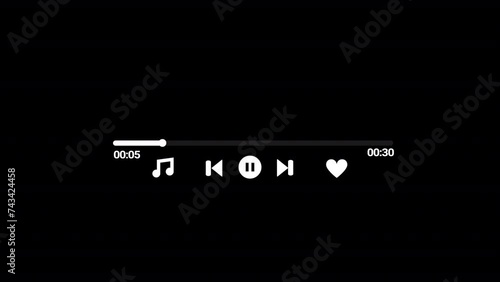 Music player scroll bar button with audio reactor, Music timeline or video track player, Timeline bar moving as song media playing, Audio music timeline bar moving with track on black background.  photo