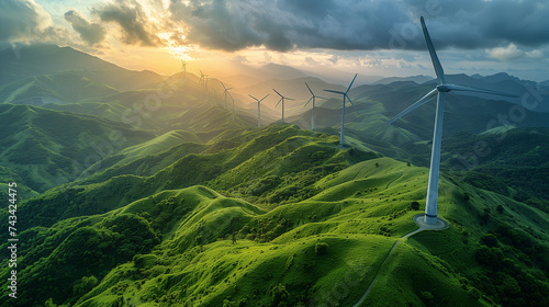 wind mill turbines in green mountains at sunset, Wind power generation in the green mountains, Wind Farm drone aerial view at windmill turbines at summer in the mountain, energy transition