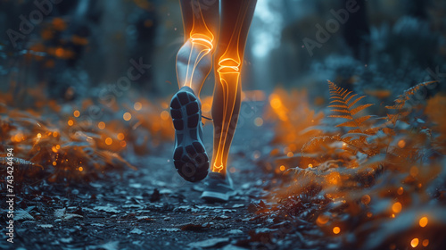 ankle pain and injury with the leg of a man in red highlight during a fitness workout. running in the forest Healthcare, medical and emergency with a male runner photo