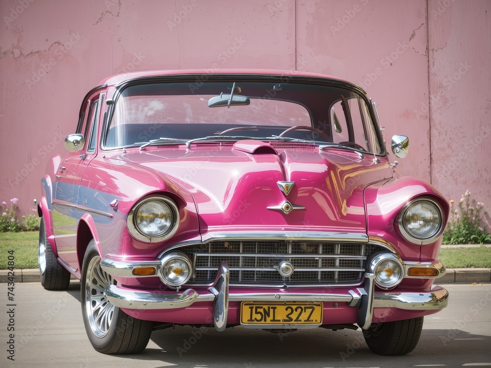 A classic car parked before a bright pink wall, its glossy paint reflecting the vibrant hue
