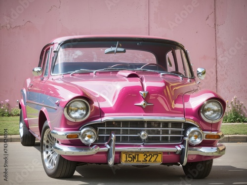 A classic car parked before a bright pink wall, its glossy paint reflecting the vibrant hue © ROKA Creative