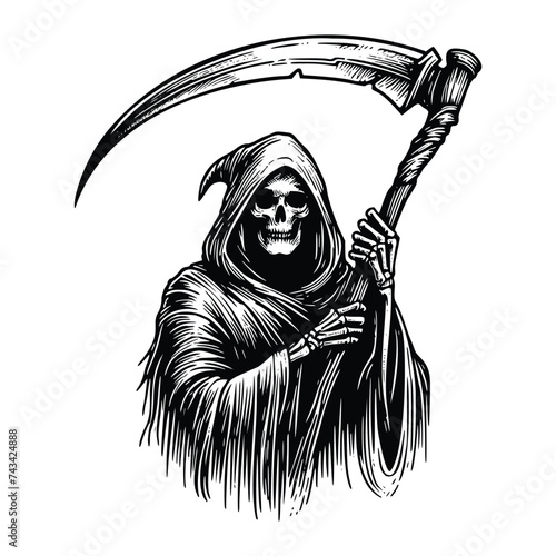 skeleton grim reaper with scythe black and white vector illustration