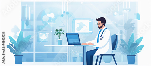 doctor working on his computer. Doctor Working on Electronic Health Records (EHR) Image photo