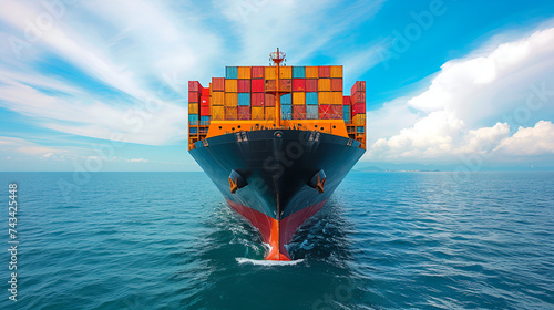 Stern of large cargo ship import export container box on the ocean, generative ai