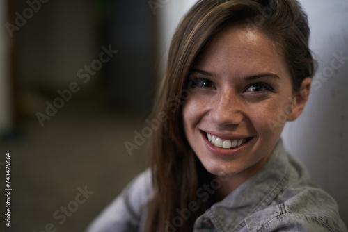 Fotografi Positive, female person and happy portrait of student, casual and hopeful girl against wall