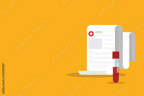 Blood analysis. Blood test. Medical research report with medical sample in a glass tube.	