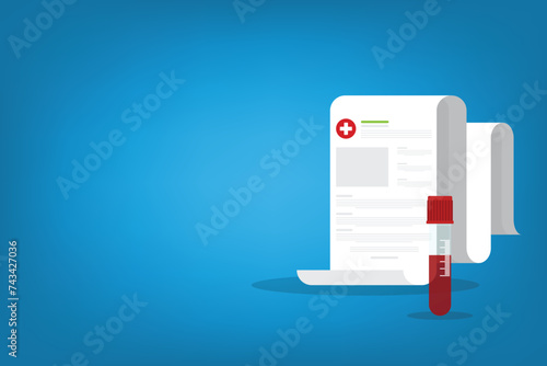 Blood analysis. Blood test. Medical research report with medical sample in a glass tube.	