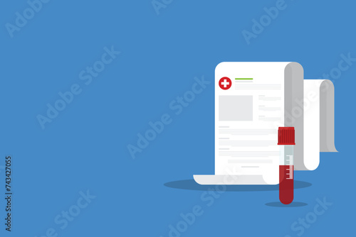 Blood analysis. Blood test. Medical research report with medical sample in a glass tube.	