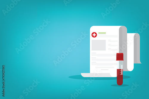 Blood analysis. Blood test. Medical research report with medical sample in a glass tube.	