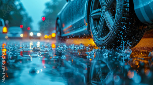 A car rides in a puddle on a rainy day. Drops of water on the asphalt © Aliaksandra