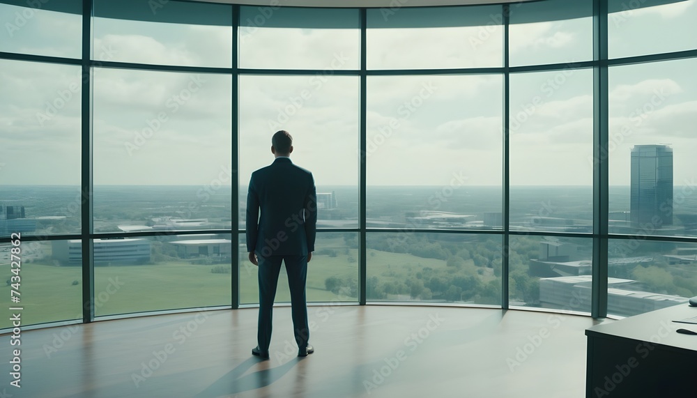 business person standing in front of office window, looking outside. wide view. 