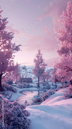 Virtual reality view of an Ice Age landscape cybernetics lab in the foreground mauve sky casting a serene glow photo