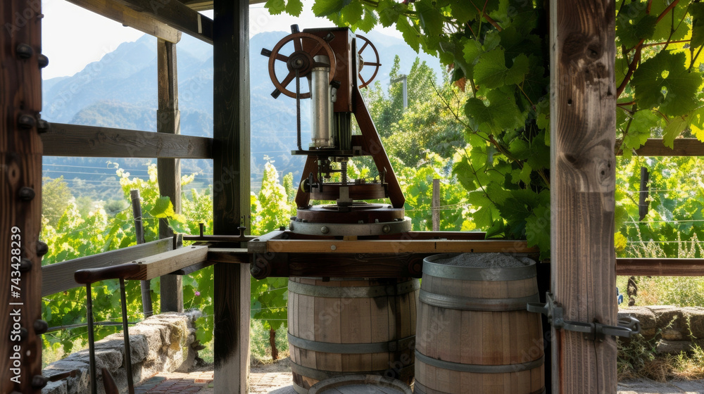 A wooden press sits in the corner of a vineyard its gears and levers ready to squeeze every last drop of juice from the gs. A wooden press sits in the corner of a vineyard its gears and levers ready to squeeze every last drop of juice from the gs.