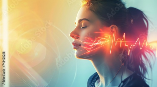 Woman meditating - calmness and wellbeing concept image with regulated heartbeats 