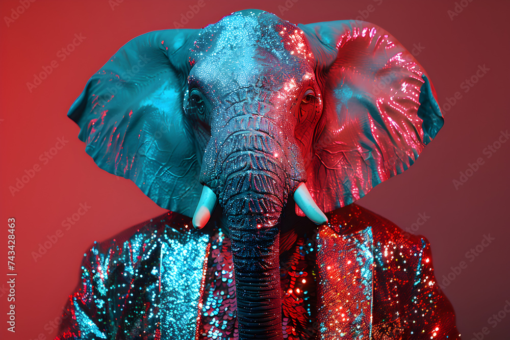Obraz premium Anthropomorphic Elephant Model in Sequin Mask and Metallic Outfit on Monochrome Backdrop - High Fashion Studio Shot