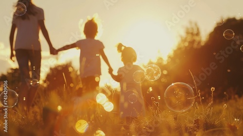 Backlit by the golden light of sunset, a family enjoys a playful moment with bubbles in a lush field.