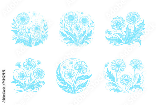 vector set of dandelions flower line art style - blue (artwork 2)